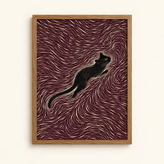 Black cat against swirling maroon line art — abstract cat wall art print