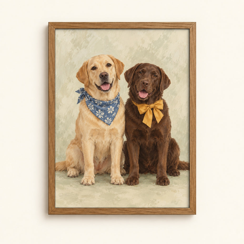 Two dapper Labradors in a bandana and bow tie — dog portrait wall art print