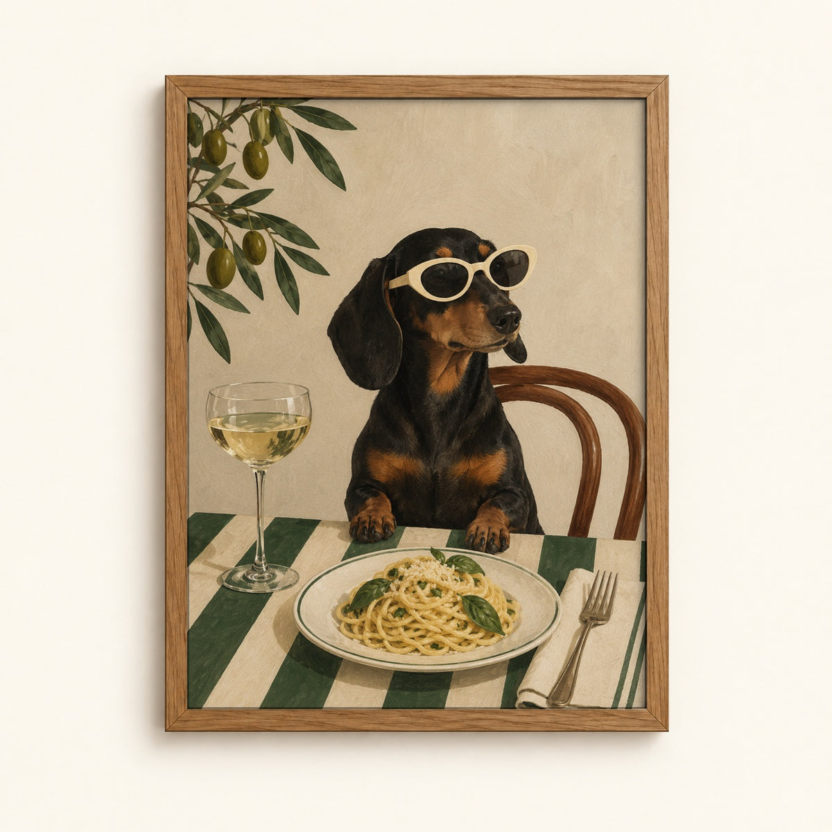 Dachshund in oversized sunglasses eating spaghetti with a glass of wine, funny dog art print