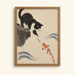 Cat reaching for a koi fish — Japanese ink art wall art print