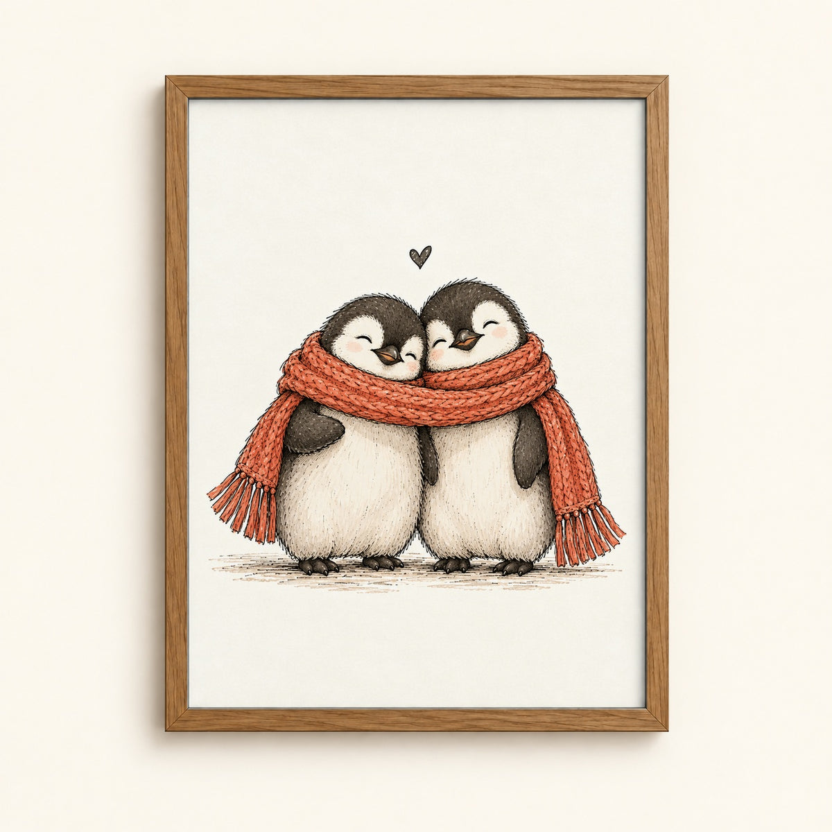 Penguin couple sharing a scarf topped with a heart — cute wall art print