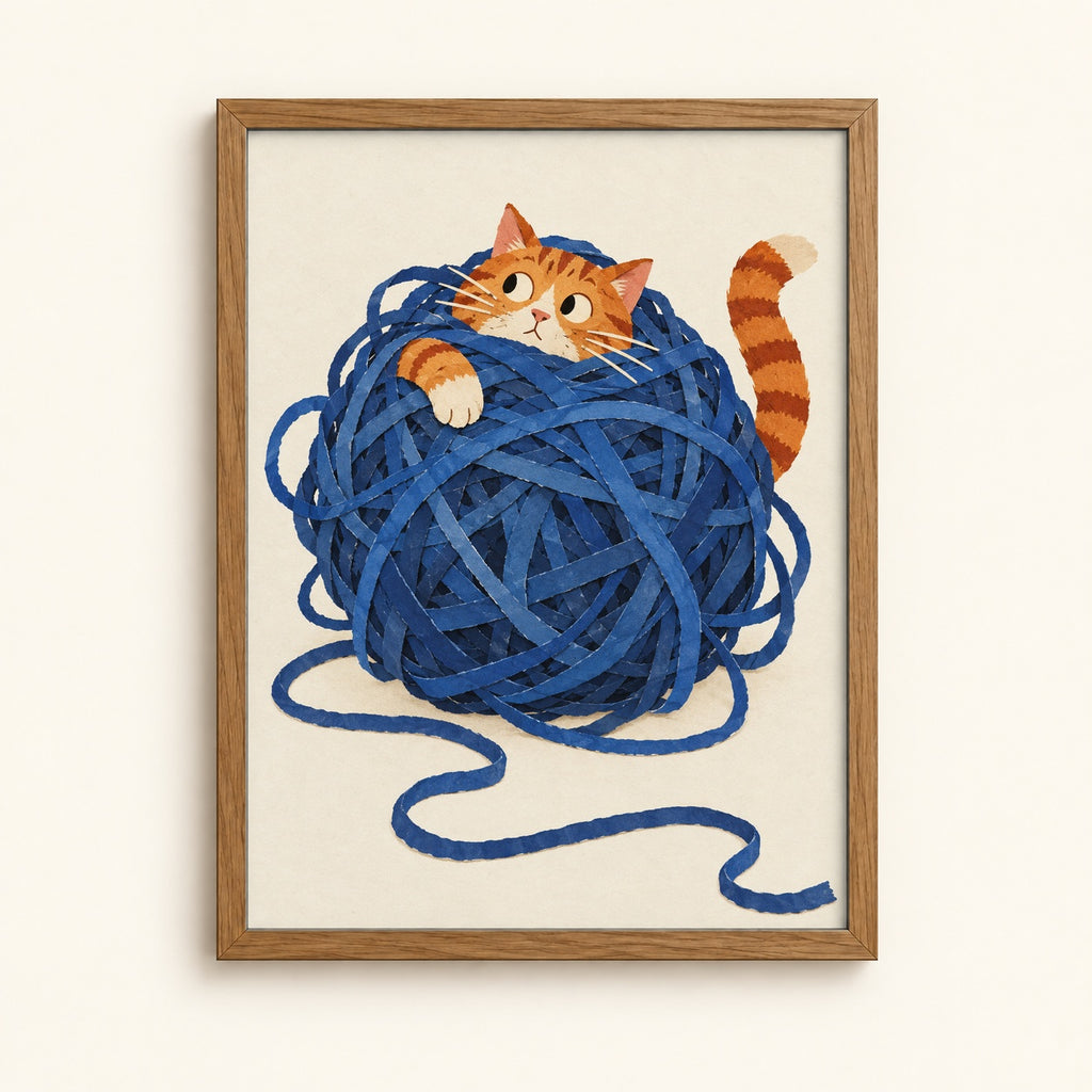 Ginger tabby cat tangled in blue yarn — paper-cut style cat wall art print