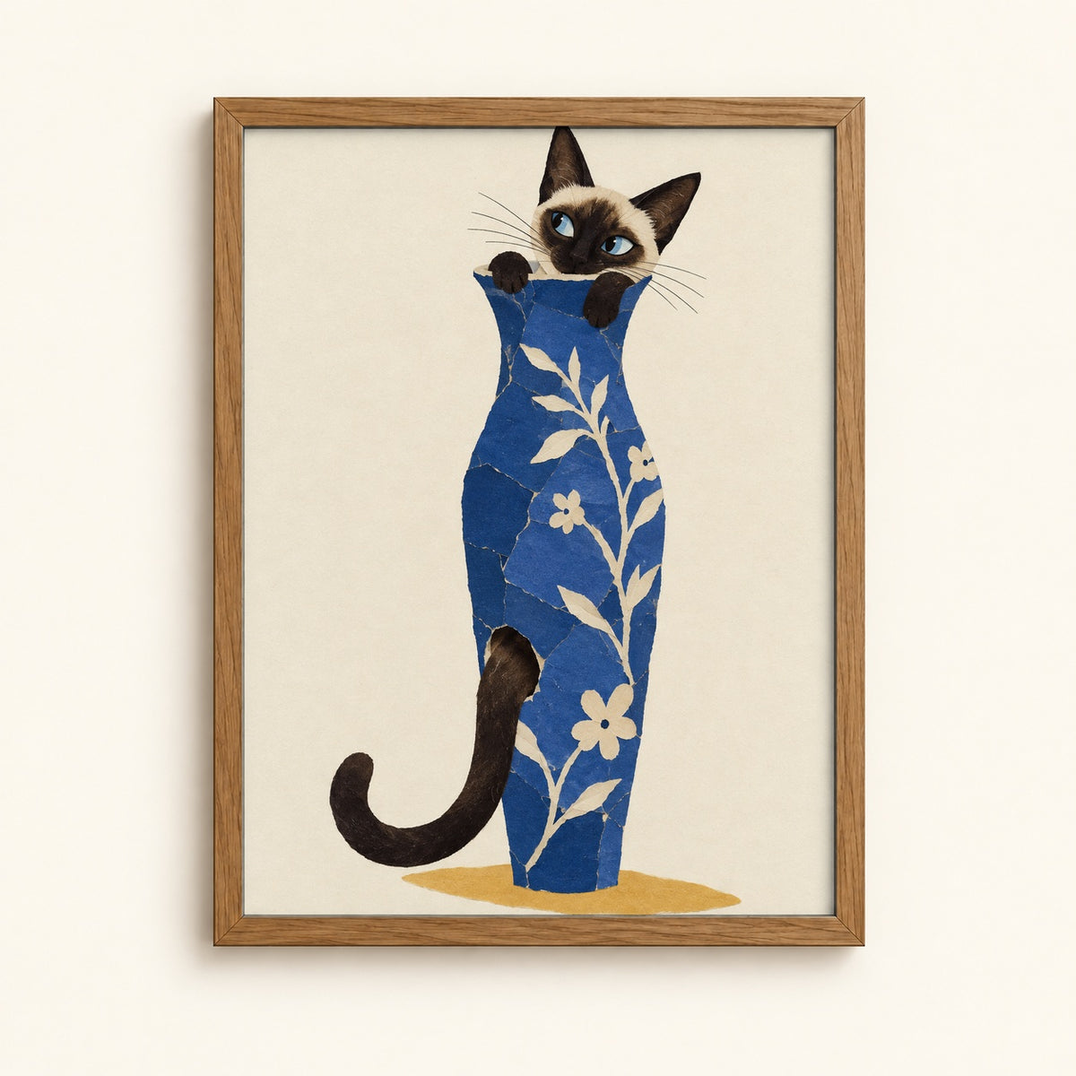 Siamese cat hiding in a blue floral vase — collage style cat wall art print