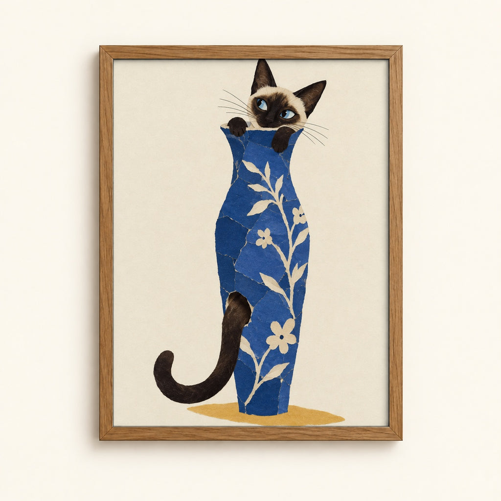 Siamese cat hiding in a blue floral vase — collage style cat wall art print