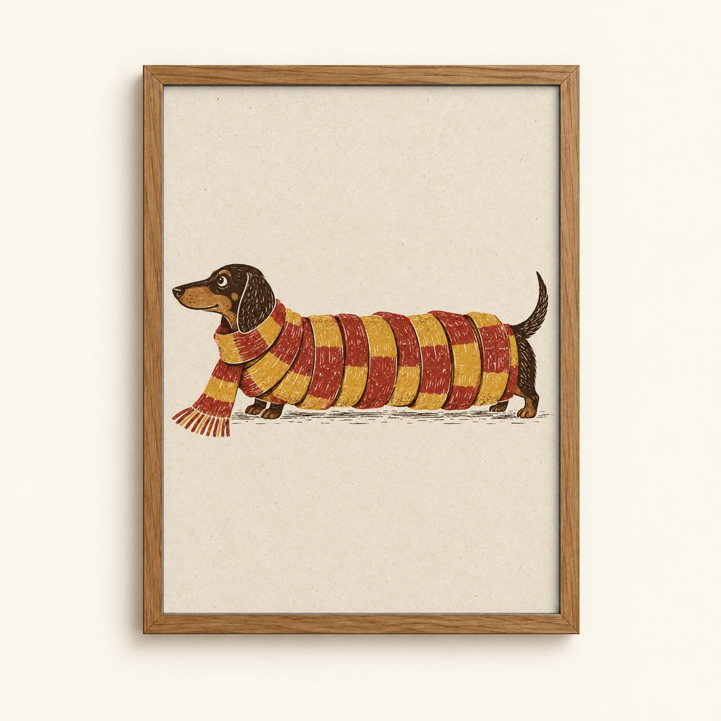 Cozy dachshund wrapped in a striped scarf — dog wall art print