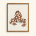 Pencil-style penguin wrapped in a giant striped scarf — winter wall art print