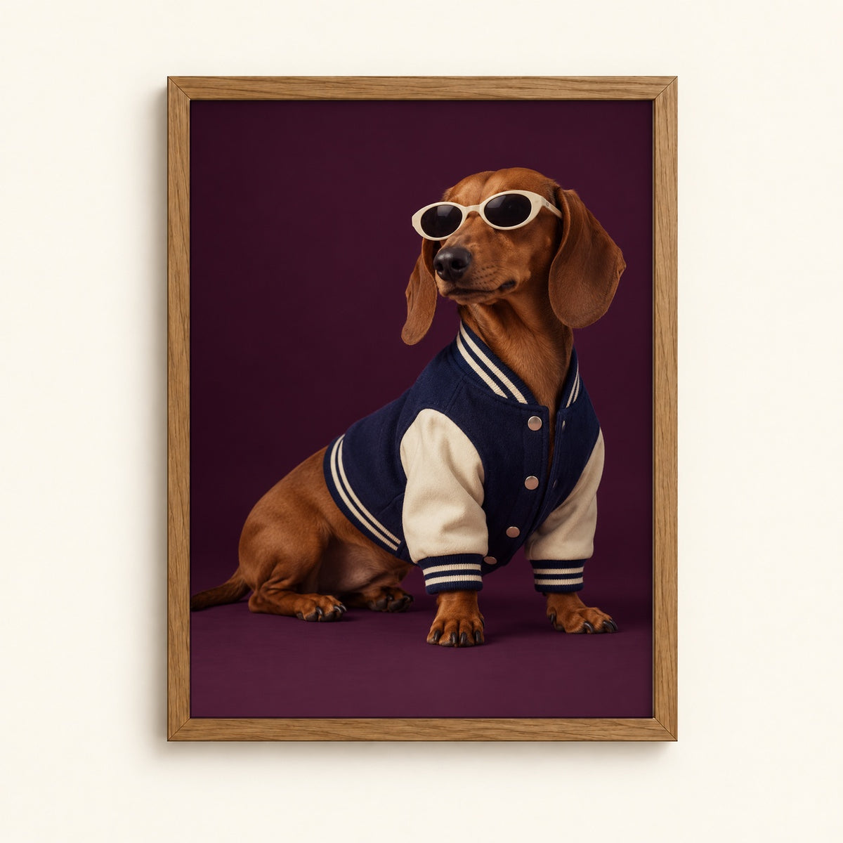 Dachshund in sunglasses and a varsity jacket — cool dog wall art print