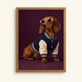 Dachshund in sunglasses and a varsity jacket — cool dog wall art print