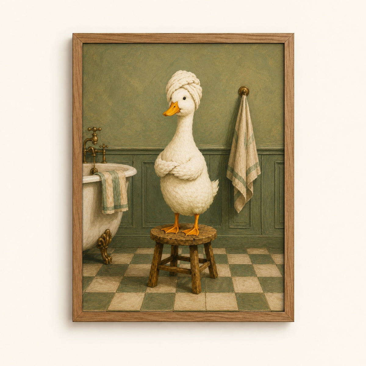 Duck in a towel turban in a vintage bathroom — quirky spa wall art print