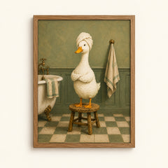 Duck in a towel turban in a vintage bathroom — quirky spa wall art print