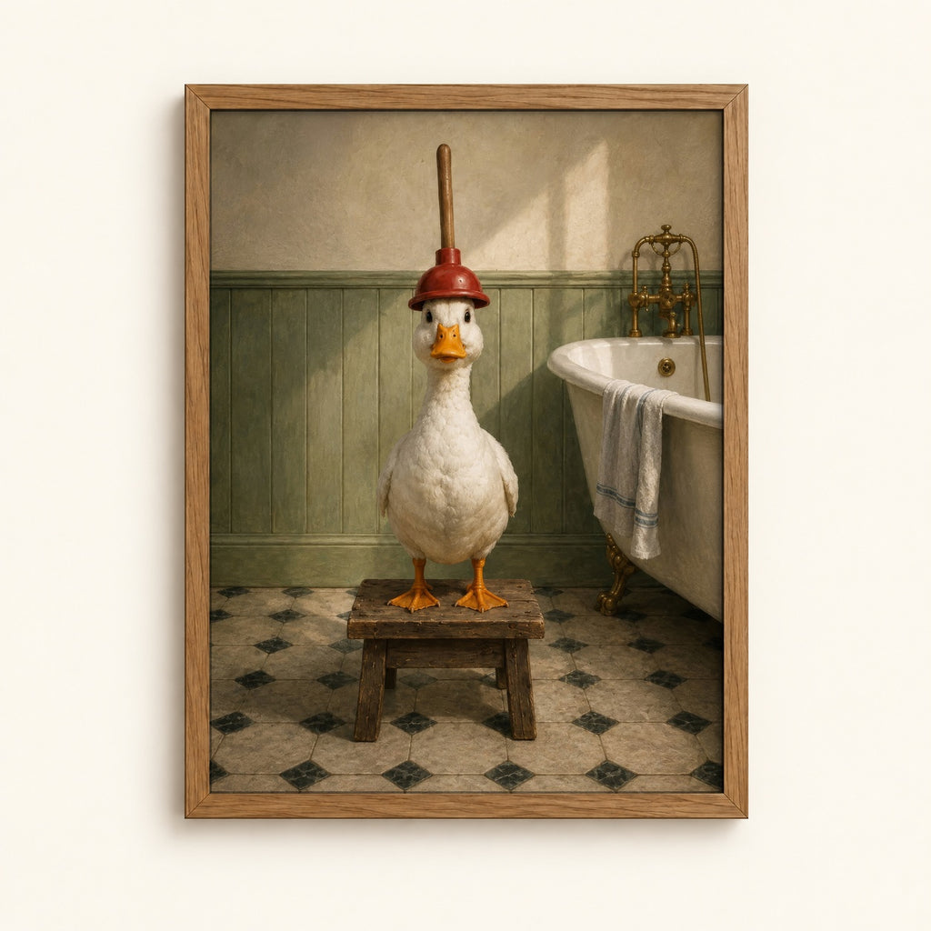 Duck wearing a plunger helmet in a vintage bathroom — funny bathroom wall art print