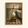 Duck wearing a plunger helmet in a vintage bathroom — funny bathroom wall art print