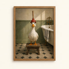Duck wearing a plunger helmet in a vintage bathroom — funny bathroom wall art print