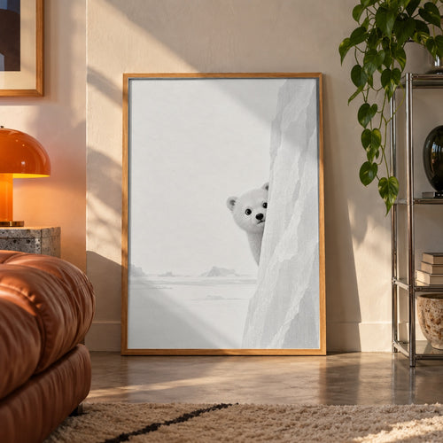 Polar bear cub ink poster displayed in a room