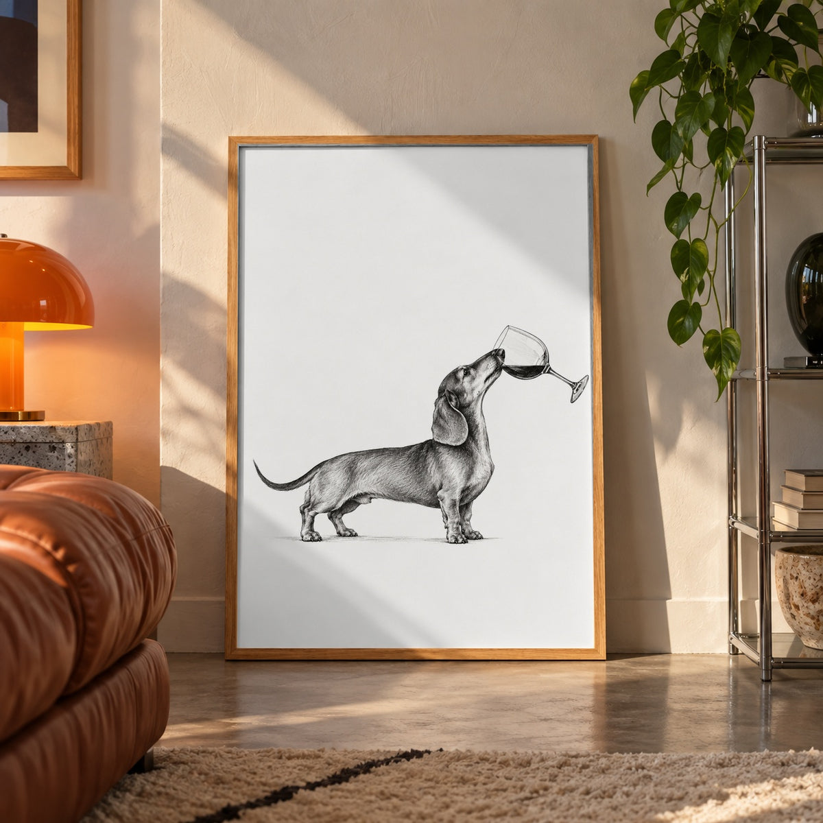 Dachshund balancing wine poster displayed in a room