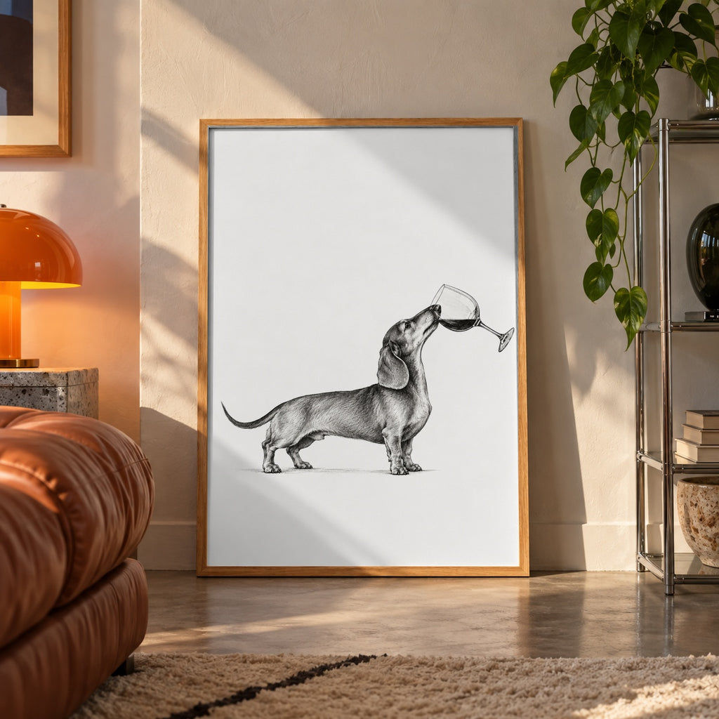Dachshund balancing wine poster displayed in a room