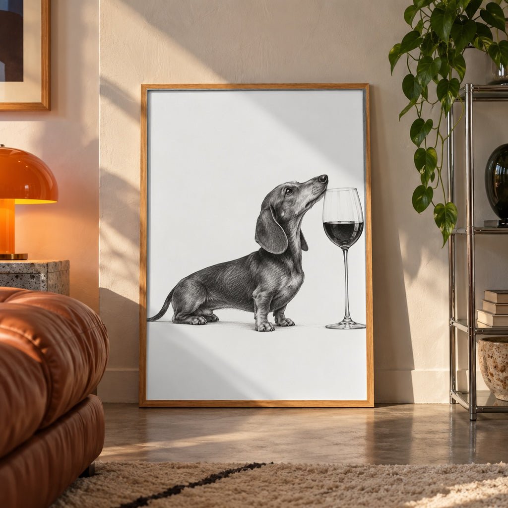 Dachshund wine ink poster displayed in a room