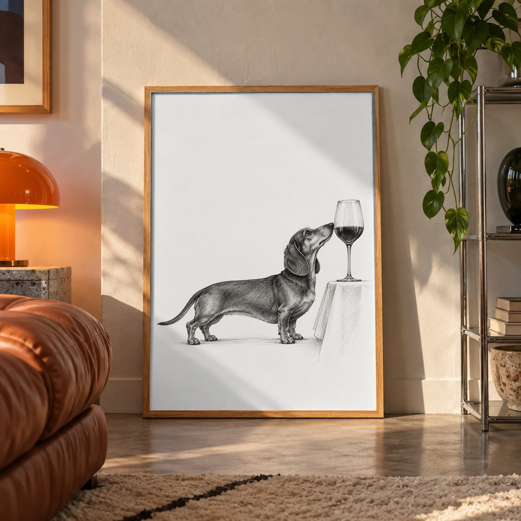 Dachshund wine table poster displayed in a room