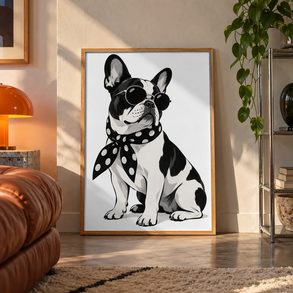 French bulldog sunglasses poster displayed in a room