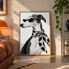Greyhound sunglasses poster displayed in a room