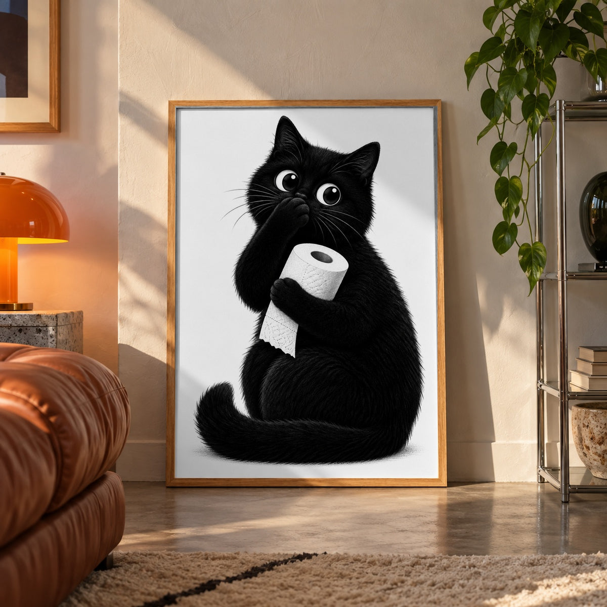 Toilet paper cat bathroom poster displayed in a room