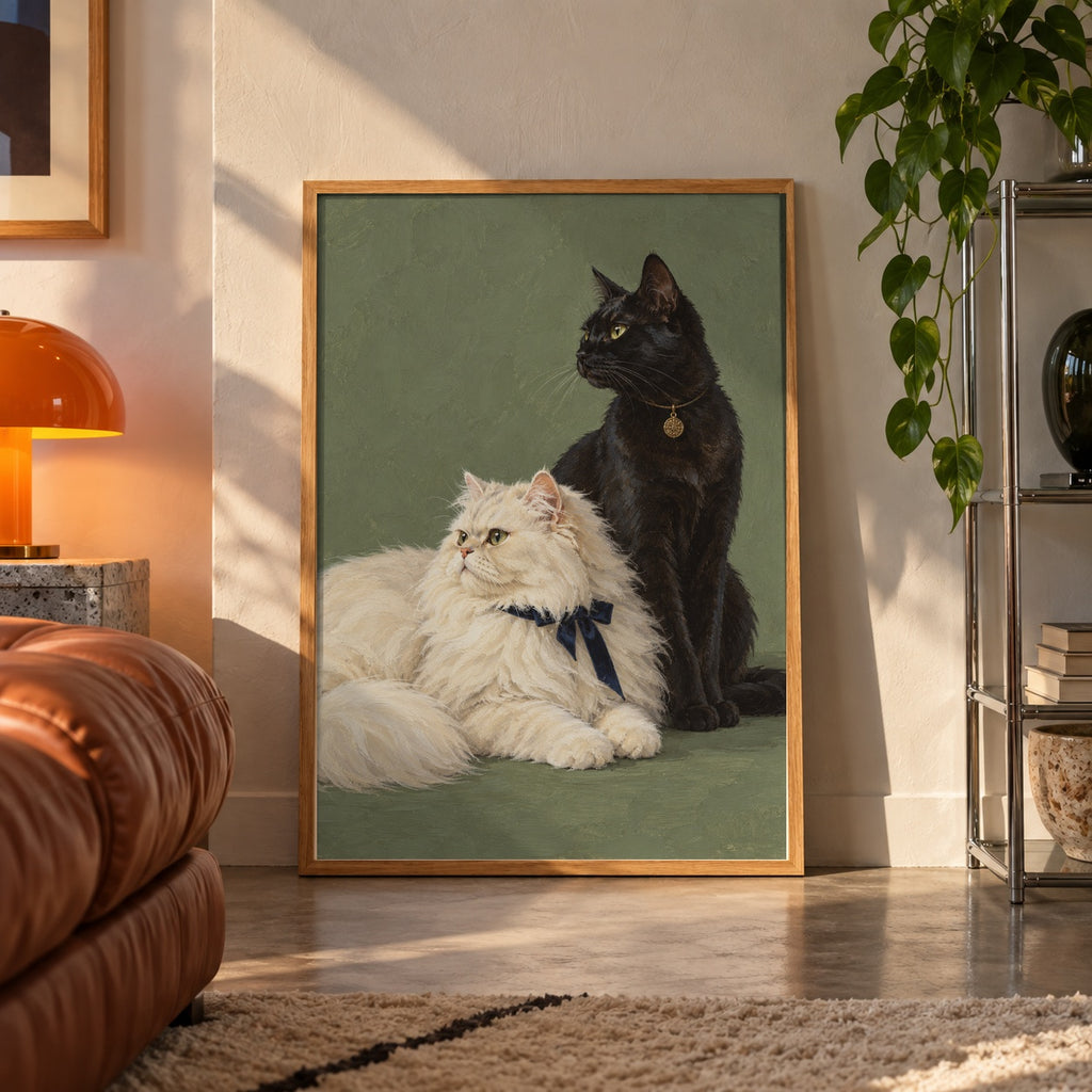 Two cats portrait poster displayed in a room