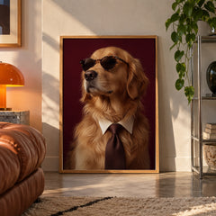 Golden retriever in a suit poster displayed in a room