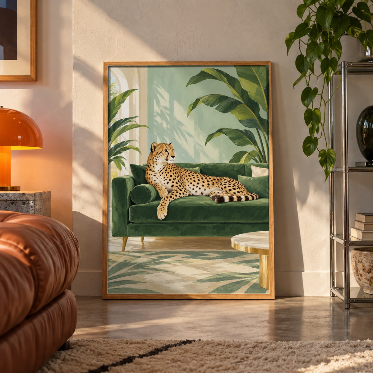 Cheetah on velvet sofa poster displayed in a room