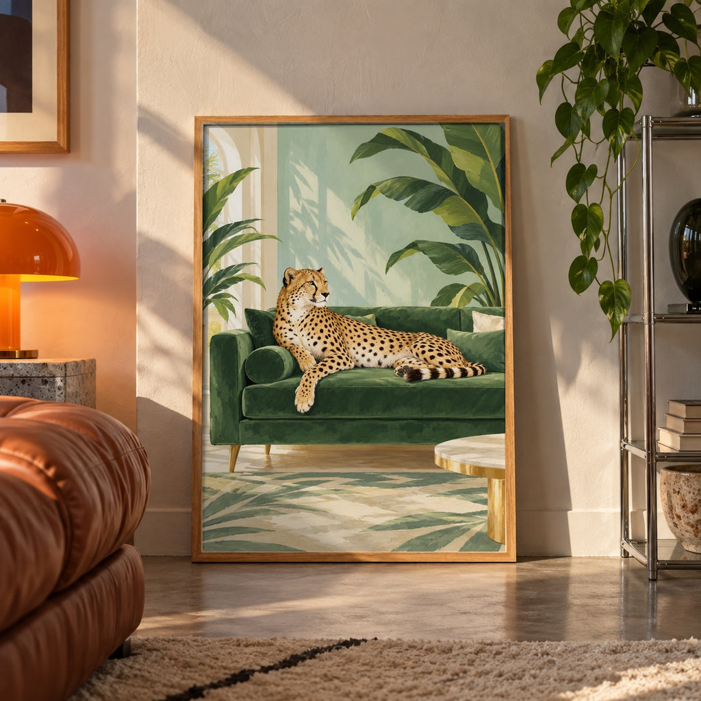Cheetah on velvet sofa poster displayed in a room