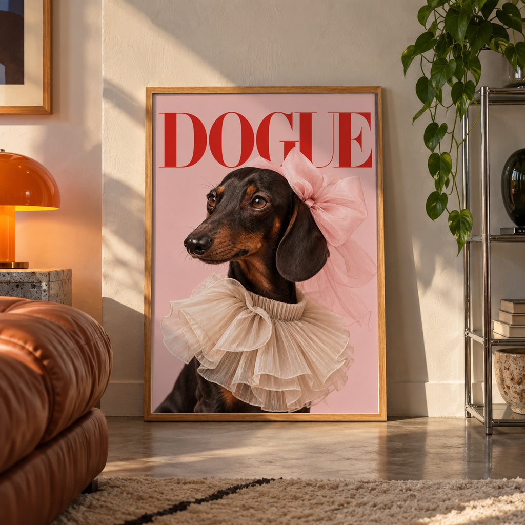 Dogue dachshund poster displayed in a room