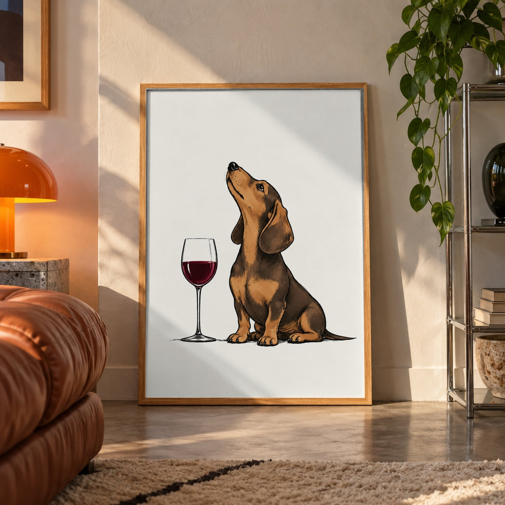 Dachshund wine poster displayed in a room