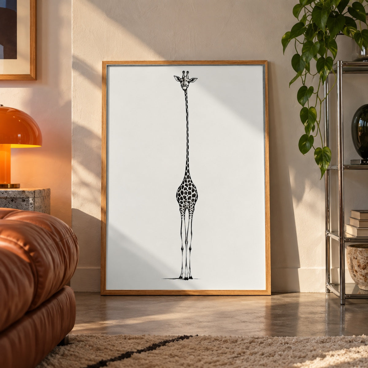 Tall giraffe line art poster displayed in a room