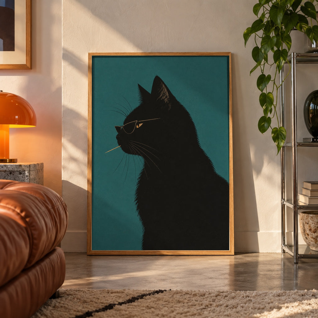 Cool black cat sunglasses poster displayed in a room
