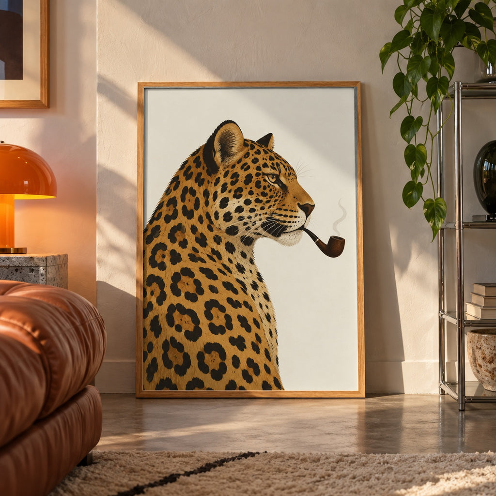 Leopard with pipe poster displayed in a room