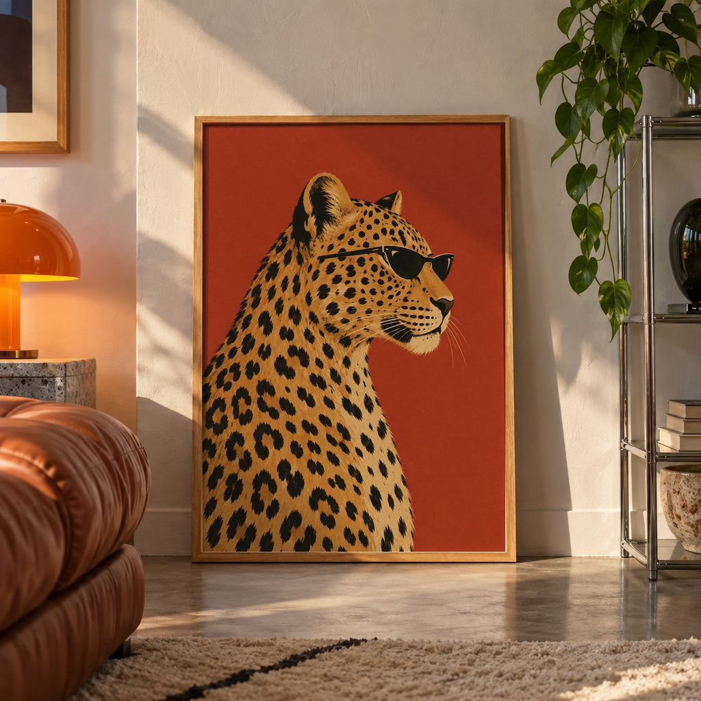Leopard in sunglasses poster displayed in a room