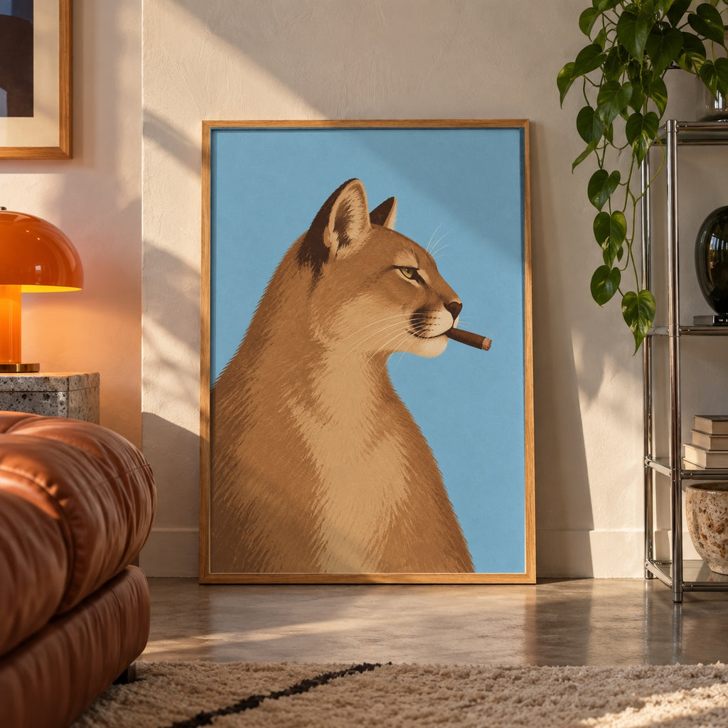 Cougar with cigar poster displayed in a room