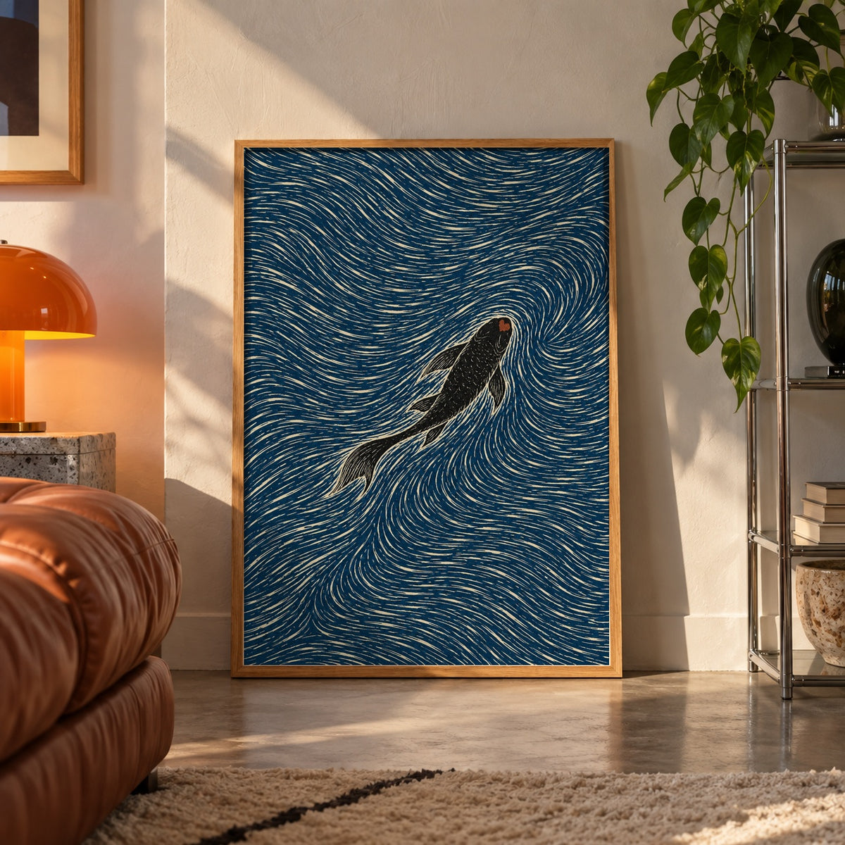 Koi fish indigo swirl poster displayed in a room