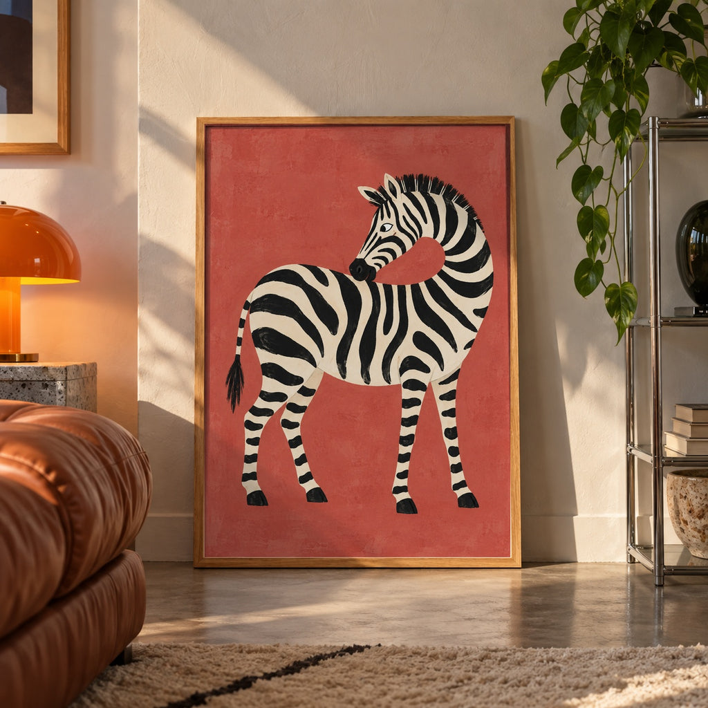 Terracotta red zebra poster displayed in a room