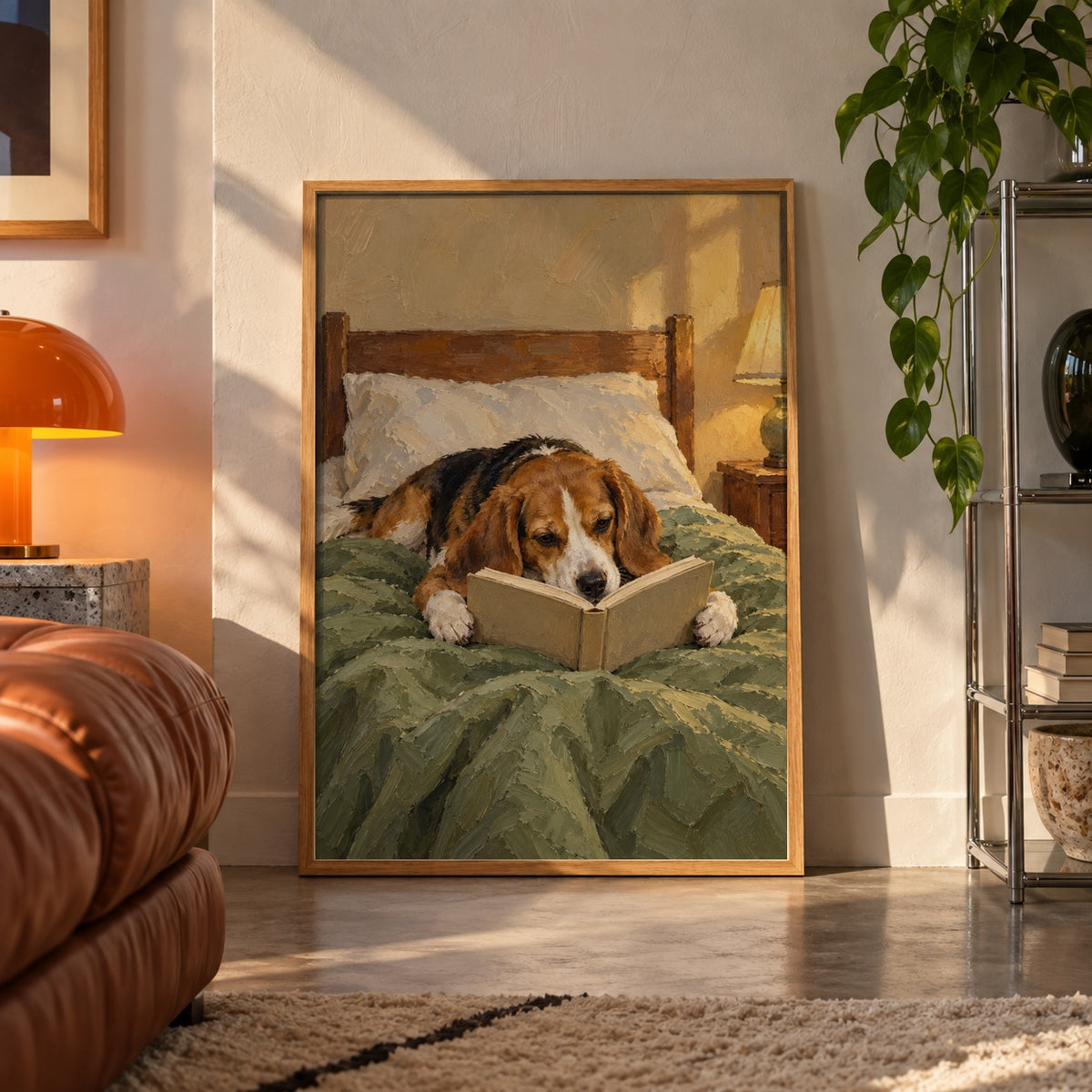 Impasto beagle reading in bed poster displayed in a room