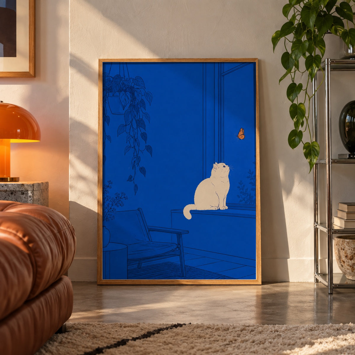 Cat and butterfly blue room poster displayed in a room