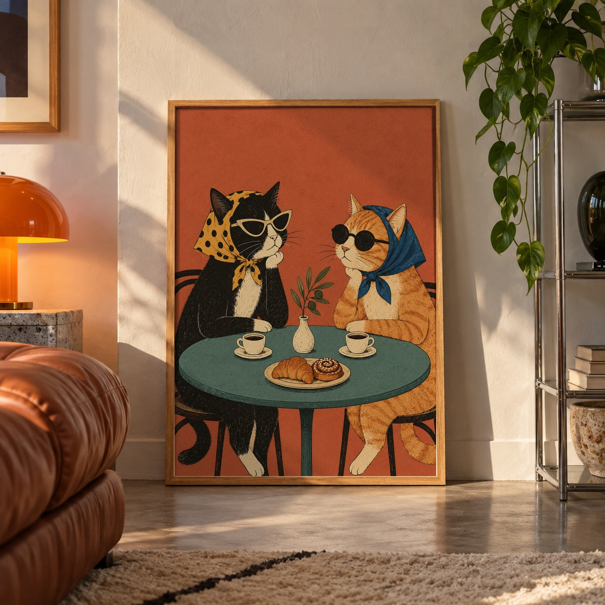 Cafe cats in headscarves poster displayed in a room