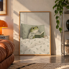 Cozy frog reading poster displayed in a room