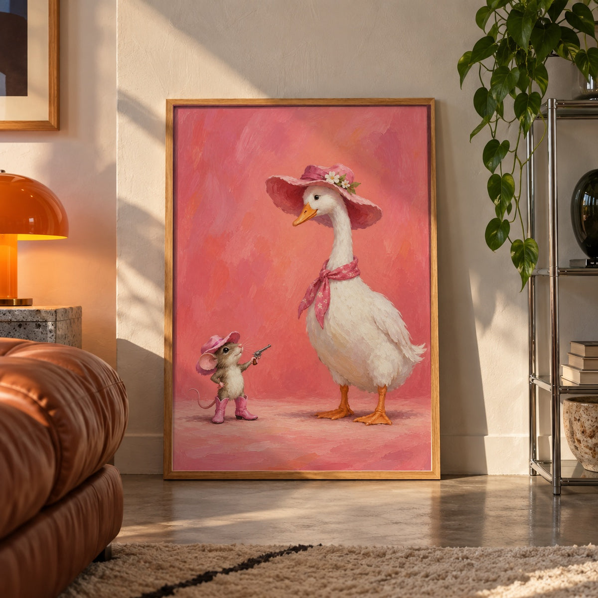 Cowgirl mouse and goose poster displayed in a room