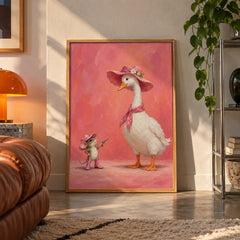 Cowgirl mouse and goose poster displayed in a room