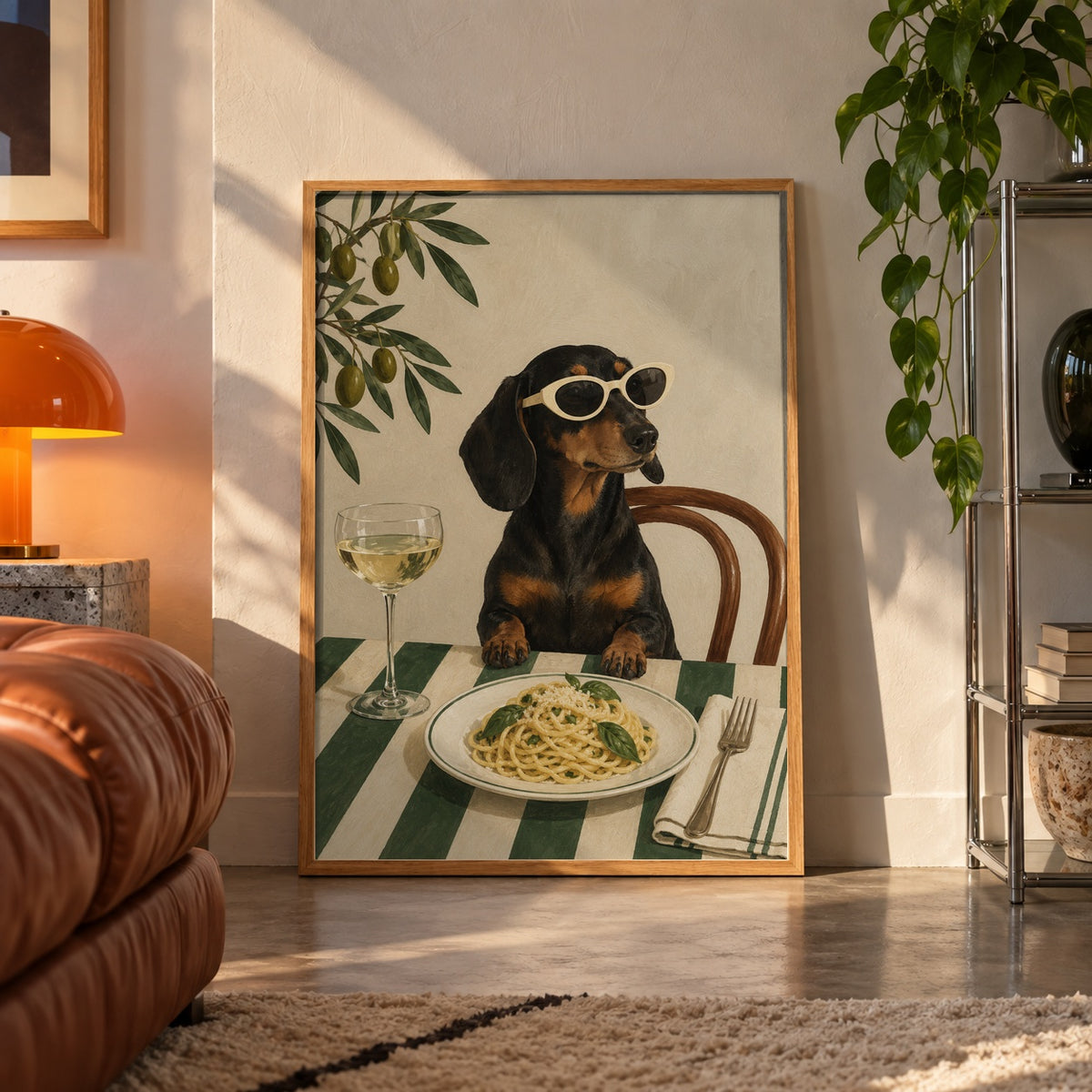 Dachshund pasta night poster displayed in a room