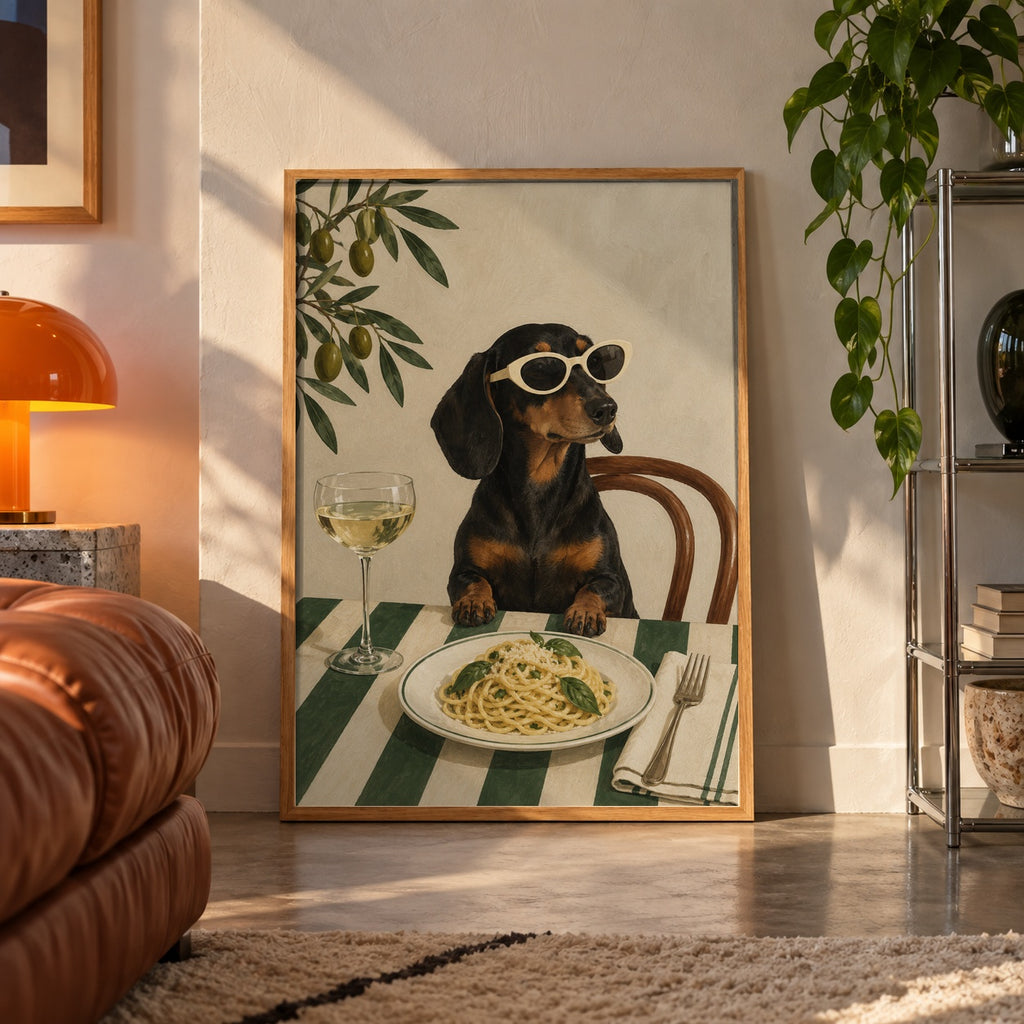 Dachshund pasta night poster displayed in a room