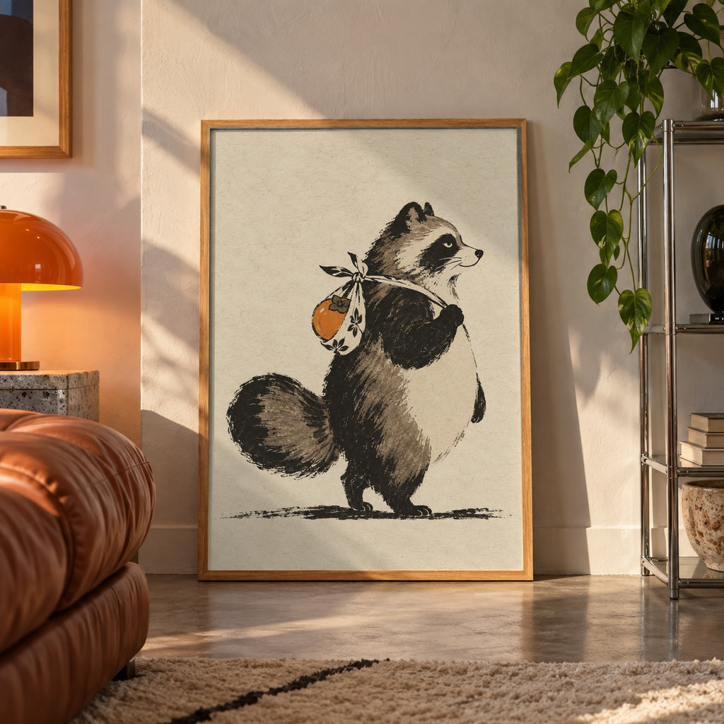 Raccoon with persimmon bundle poster displayed in a room
