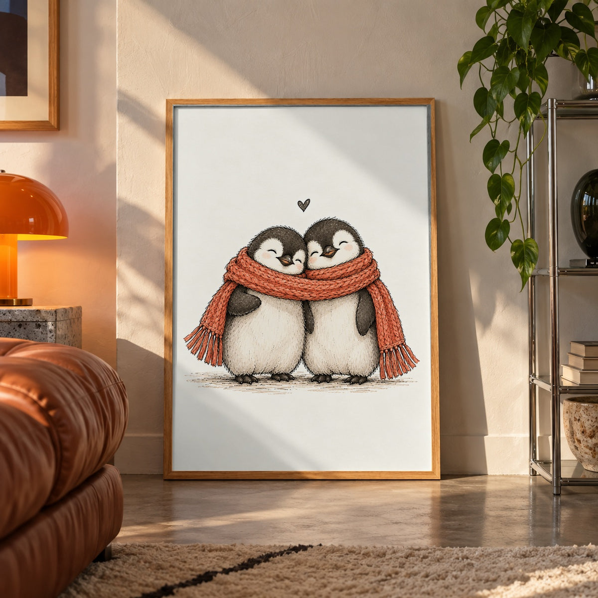 Penguin couple scarf poster displayed in a room