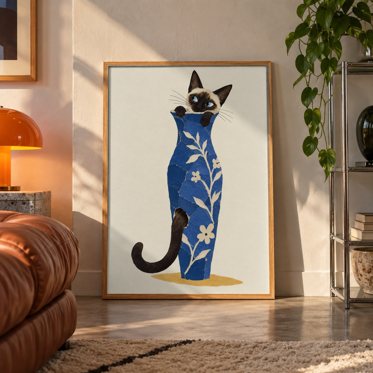 Siamese cat in vase poster displayed in a room
