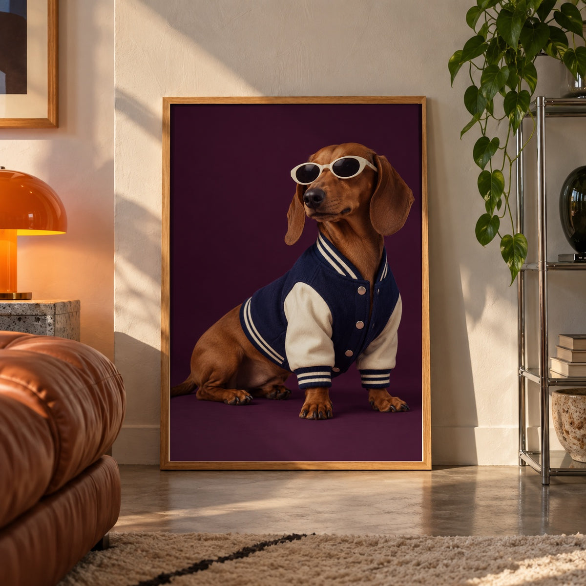 Dachshund varsity jacket poster displayed in a room